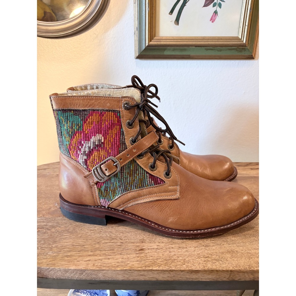 Artisan Handcrafted Leather‎ Huipil Lace Up Buckle Boots Tan Multi Color
